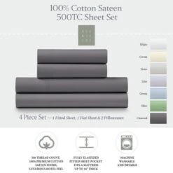 Bedding Store 16 Ella Jayne 100% Cotton Sateen 500 Thread Count Deep Pocket 4-piece Sheet Set